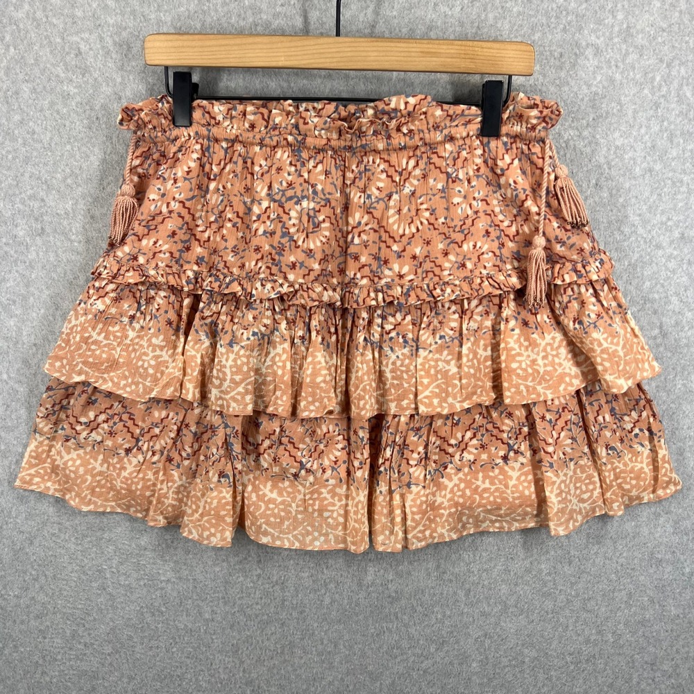 Ulla Johnson Tiered Mini Skirt Women 4 Peach Floral Cotton Boho Tassel EUC